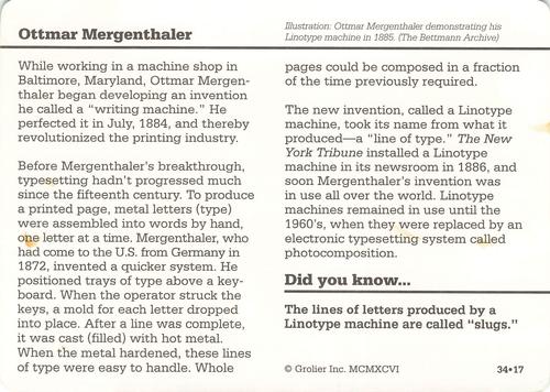 1994-01 Grolier Story of America #34.17 Ottmar Mergenthaler Back