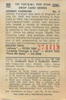 1972 Tip Top/EMI Pop Stars Series 2 #2 Johnny Farnham Back
