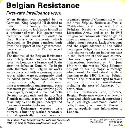 1977 Edito-Service World War II - Deck 63 #13-036-63-06 Belgian Resistance Back