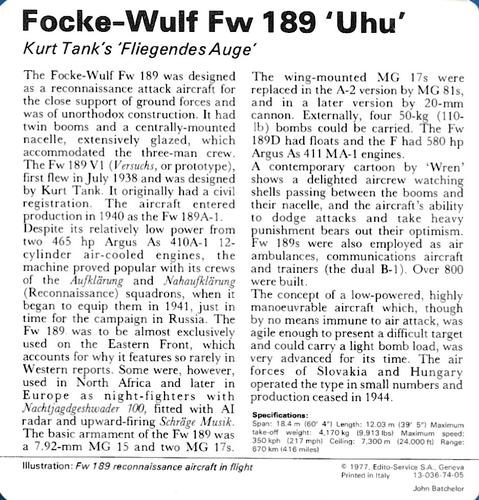 1977 Edito-Service World War II - Deck 74 #13-036-74-05 Focke-Wulf Fw 189 'Uhu' Back