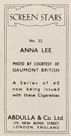 1939 Abdulla & Co. Screen Stars #22 Anna Lee Back