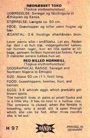 1969 Dandy Gum H Wild Animals (A) (Danish/English) #97 Red-billed hornbill Back