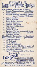 1889 Consolidated Cigarette Co. Ladies of the White House (N353) #NNO Mrs. James Madison Back
