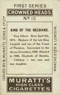 1912 Muratti's Crowned Heads #15 King of the Belgians Back