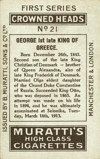 1912 Muratti's Crowned Heads #21 George 1st, late King of Greece Back
