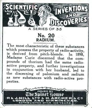 1929 Spinet House Scientific Inventions and Discoveries (Large) #20 Radium Back