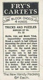 1924 Fry’s Tricks & Puzzles #22 Bottle, Coin and Match Trick Back