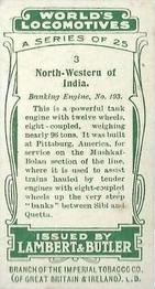 1912 Lambert & Butler World's Locomotives 1st Series #3 North-Western of India Back