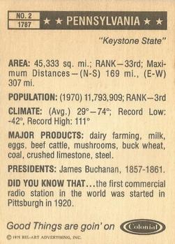 1975 Colonial Bread Know Your 50 States #2 Pennsylvania Back