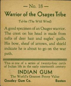 1933-40 Goudey Indian Gum (R73) #18 Warrior of the Osages Tribe Back