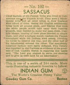 1933-40 Goudey Indian Gum (R73) #102 Sassacus Back