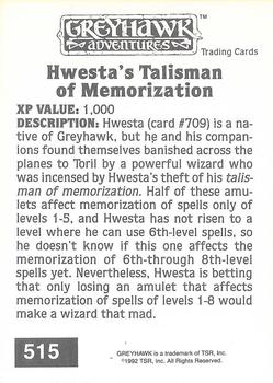 1992 TSR Advanced Dungeons & Dragons #515 Hwesta's Talisman of Memorization Back