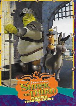 2007 Inkworks Shrek the Third - Promos #S3-2 (Shrek, Puss, Donkey; gate to right) Front