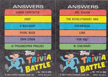 1984 Topps Trivia Battle Game #191 / 192 Card 191 / Card 192 Back