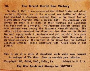 1942 War Gum (R164) #70 The Great Coral Sea Victory Back