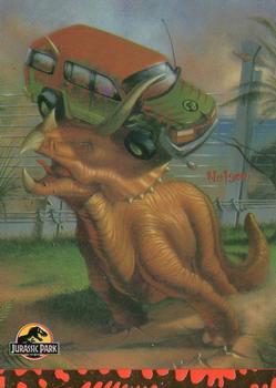 1993 Topps Jurassic Park Gold - Art #5 Triceratops Vs. a Van! Front