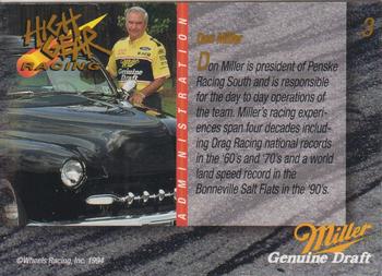 1994 Wheels High Gear Power Pack Team Set Miller Genuine Draft #3 Don Miller Back