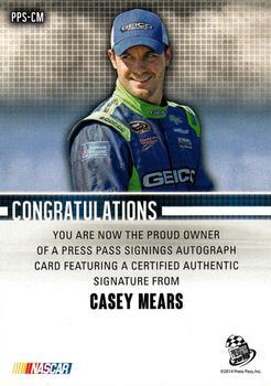 2015 Press Pass Cup Chase - Press Pass Signings Blue #PPS-CM Casey Mears Back
