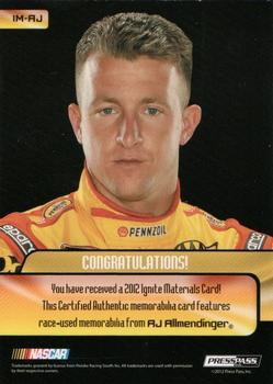 2012 Press Pass Ignite - Materials Gun Metal #IM-AJ A.J. Allmendinger Back