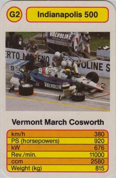 1987 Ace Trump Game Indianapolis 500 #G2 Vermont March Cosworth Front