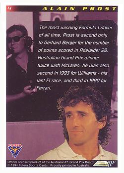 1994 Futera Adelaide F1 Grand Prix #4 Alain Prost Back