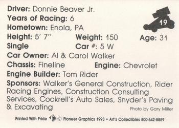 1993 Art's Collectibles Silver Spring Speedway Super Sportsman Series I #19 Donnie Beaver Jr. Back