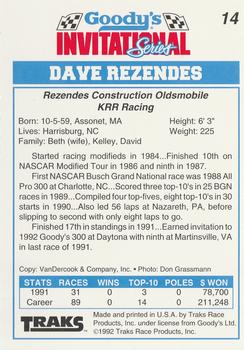 1992 Traks Goody's #14 Dave Rezendes Back