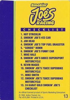 1994 Action Packed Smokin' Joe's #13 Checklist Card Back