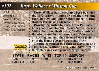 1994 Traks - First Run #102 Rusty Wallace Back