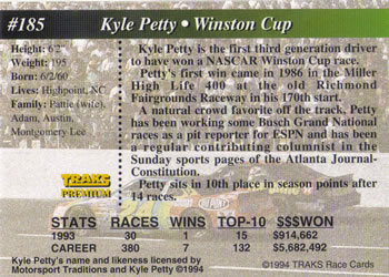 1994 Traks - First Run #185 Kyle Petty Back