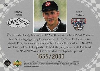 1998 Upper Deck Road to the Cup - CupQuest Turn 2 #CQ3 Kenny Irwin Back