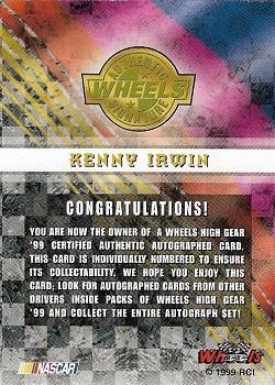 1999 Wheels High Gear - Autographs #NNO Kenny Irwin Back