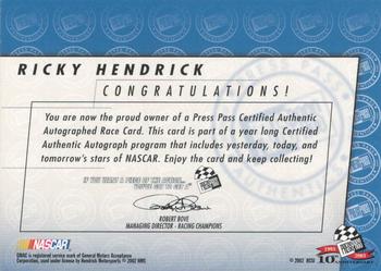 2003 Press Pass - Autographs #NNO Ricky Hendrick Back