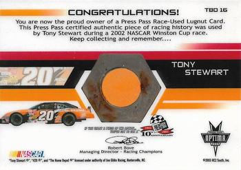 2003 Press Pass Optima - Thunder Bolts Drivers #TBD 16 Tony Stewart Back