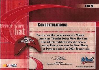 2003 Wheels American Thunder - Heads Up Winston #HUW 29 Dave Blaney Back