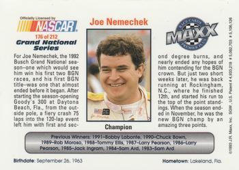 1993 Maxx Premier Plus #176 Joe Nemechek Busch Champ Back