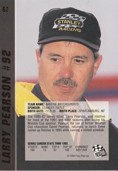 1994 Press Pass VIP #62 Larry Pearson Back