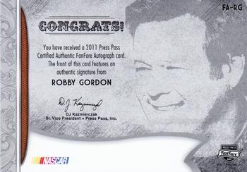 2011 Press Pass Fanfare - FanFare Autographs Silver #FA-RG Robby Gordon Back