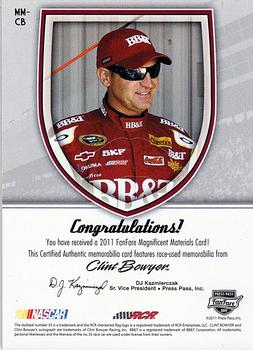 2011 Press Pass Fanfare - Magnificent Materials #MM-CB Clint Bowyer Back