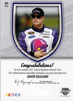 2011 Press Pass Fanfare - Magnificent Materials #MM-DG David Gilliland Back