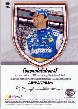 2011 Press Pass Fanfare - Magnificent Materials #MM-DR2 David Reutimann Back