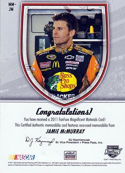 2011 Press Pass Fanfare - Magnificent Materials Dual Swatches #MM-JM Jamie McMurray Back