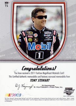2011 Press Pass Fanfare - Magnificent Materials Dual Swatches #MM-TS Tony Stewart Back