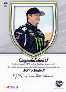 2011 Press Pass Fanfare - Magnificent Materials Holofoil #MM-RC Ricky Carmichael Back