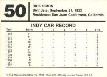 1983 A & S Racing Indy #50 Dick Simon Back