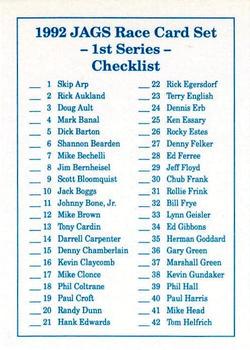 1992 JAGS #NNO Cover Card/Checklist 1-42 Back