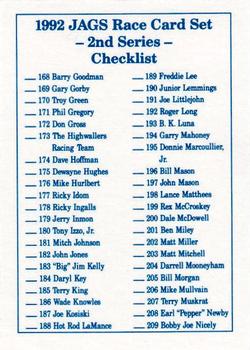 1992 JAGS #NNO Cover Card/Checklist 168-209 Back