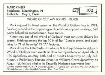 1991 World of Outlaws #102 Mark Kinser's Car Back