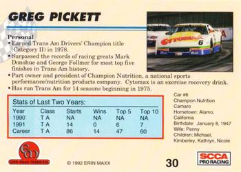 1992 Erin Maxx Trans-Am #30 Greg Pickett Back