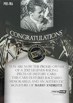 2012 Press Pass Legends - Pieces of History Memorabilia Autographs Melting #PHS-MA Mario Andretti Back